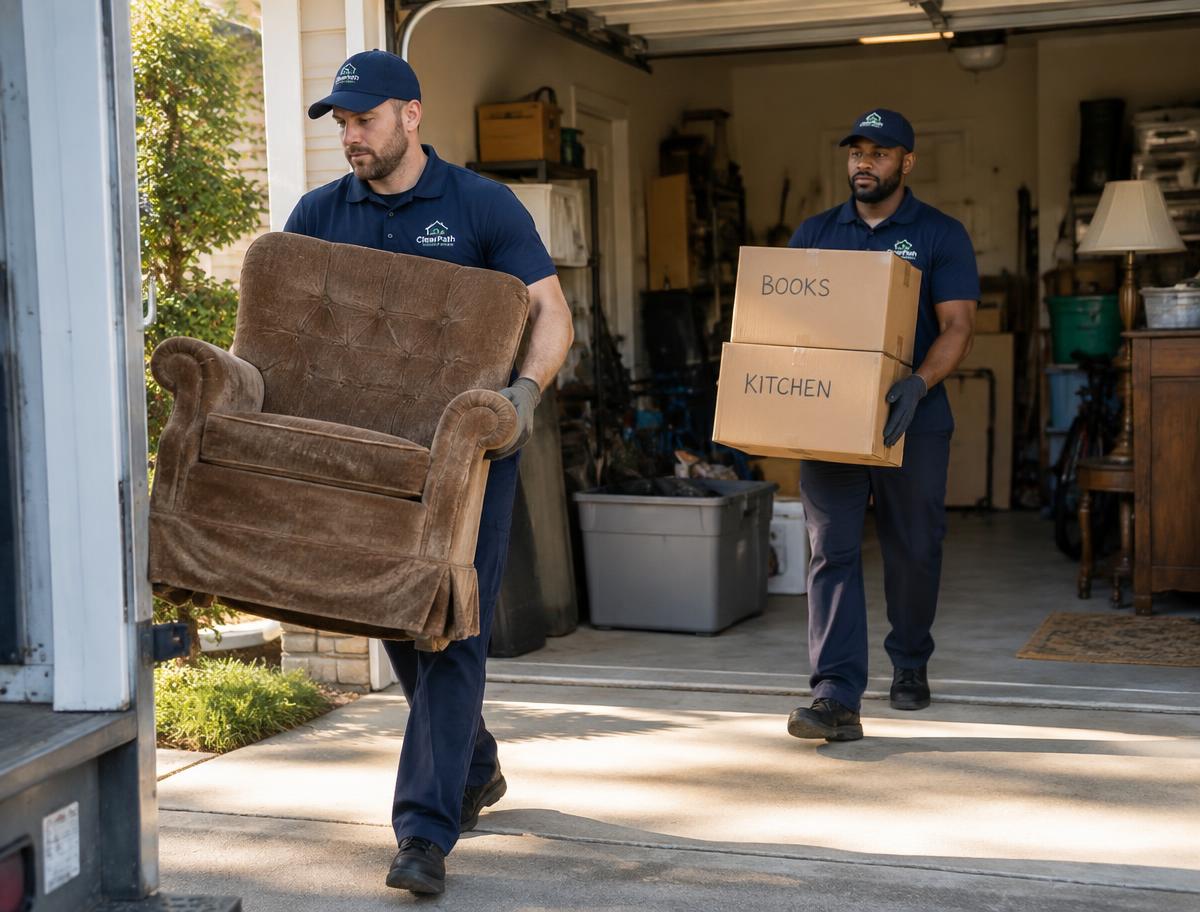 Crew hauling boxes and appliances out of a cluttered garage