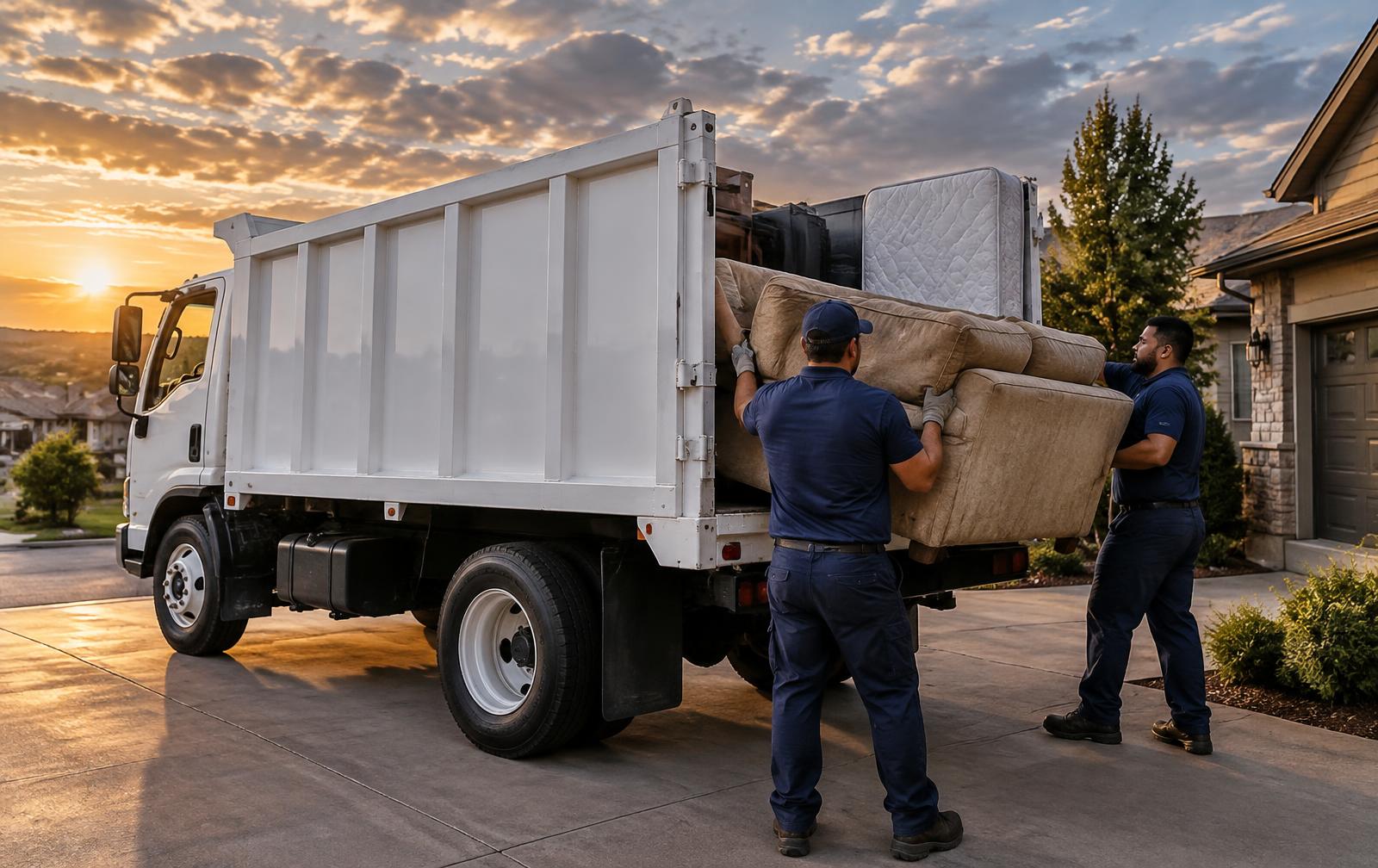 Trash Junky crew loading an old sofa and mattress into a dump truck in a driveway